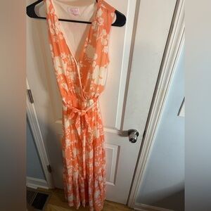 Pink Lily Orange Sleeveless Plunge Maxi Dress size m EUC
